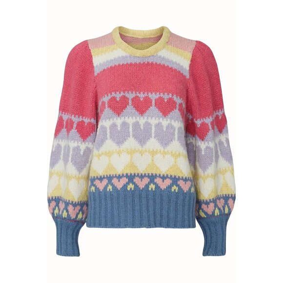 LoveShackFancy Shirelle Pullover Sweater Small Multicolor Heart Pattern Crewneck - Picture 1 of 8